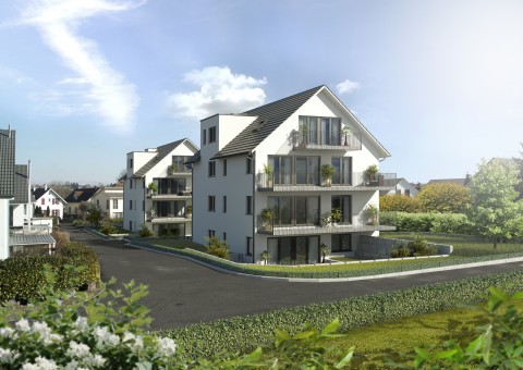 Wohnüberbauung "Chirchenacker" Feuerthalen (ZH). Aufgeteilt in zwei Mehrfamilienhäuser entstehen insgesamt 8 Eigentumswohnungen im Minergie Standard. Bereits alles verkauft!