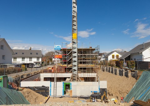 Wohnüberbauung "Chirchenacker" Feuerthalen (ZH). Aufgeteilt in zwei Mehrfamilienhäuser entstehen insgesamt 8 Eigentumswohnungen im Minergie Standard. Bereits alles verkauft!