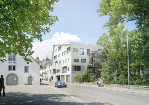 Ankündigung: Wohnüberbauung "Salaia" an unmittelbarer Rheinlage von Schaffhausen. Die geplante Wohnüberbauung umfasst 14 Eigentumswohnungen sowie 14 Garagenplätze.